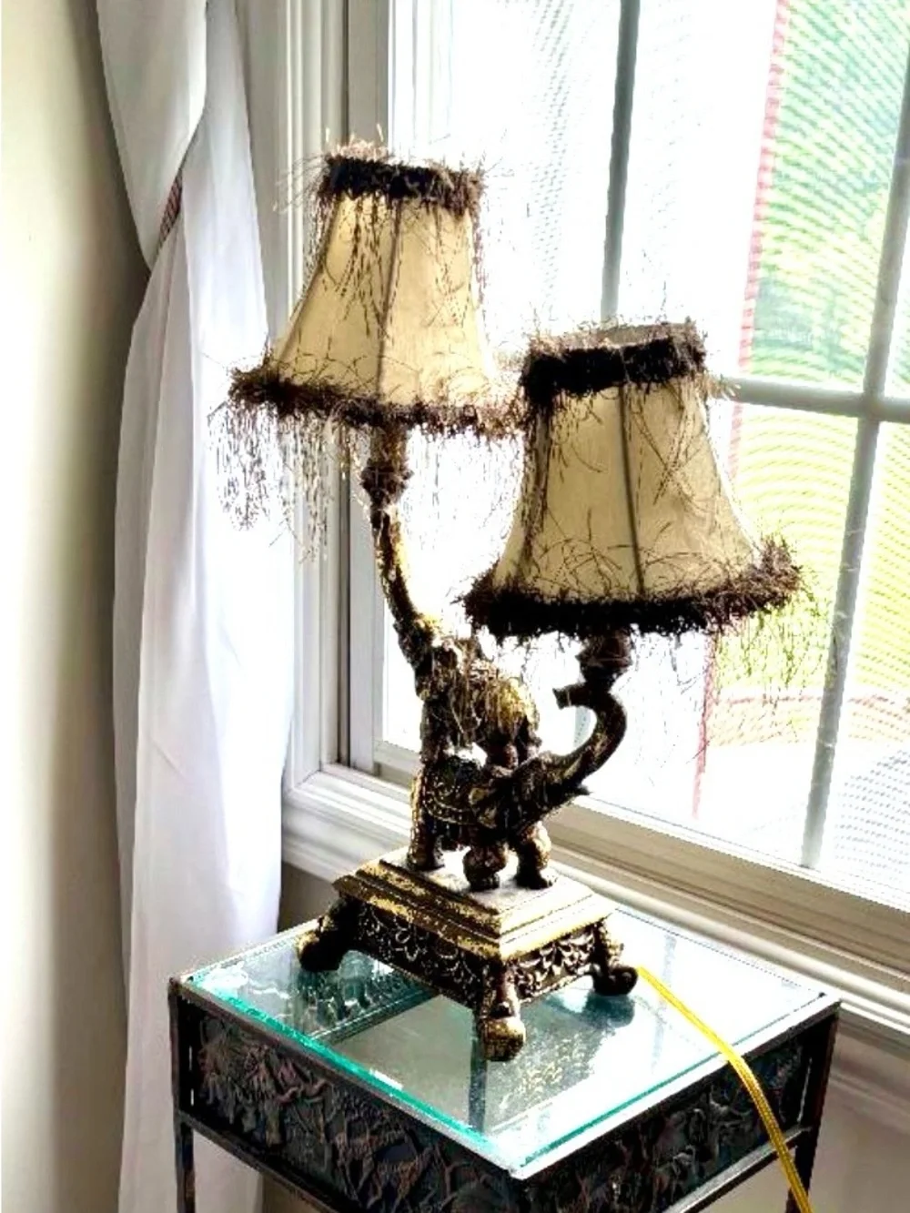 Antique-Style Gold Elephant Double Table Lamp with Beige Shades